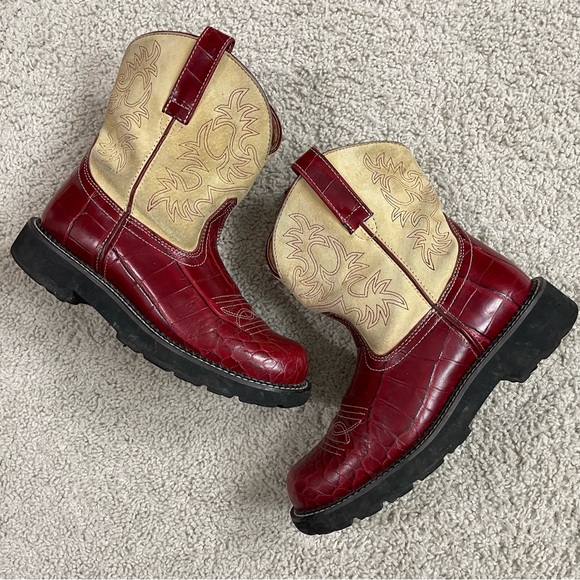 Women's ARIAT Red MOC CROC Beige Suede FAT BABY Western COWGIRL Cowboy BOOTS - Picture 4 of 7